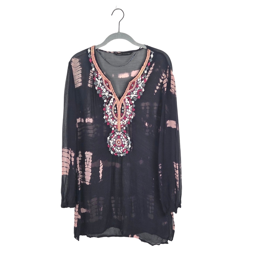 Zara Navy Pink Tie Dye Beaded Embroidered Sheer V-Neck Tunic Small Boho‎ Resort